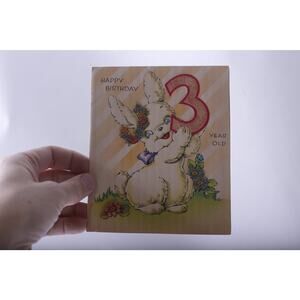 Cute Bunny holding Number Three, Dancing Bunnies, Birthday, Greeting Card, Used